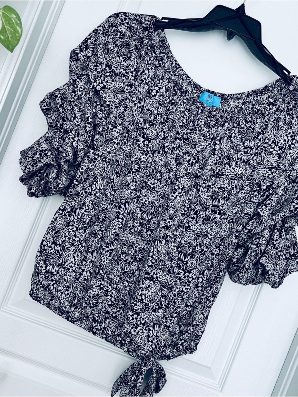 CeCe Whimsigoth Black White Blouse Top Grunge Balloon Sleeves Bow Ribbon Fairy M